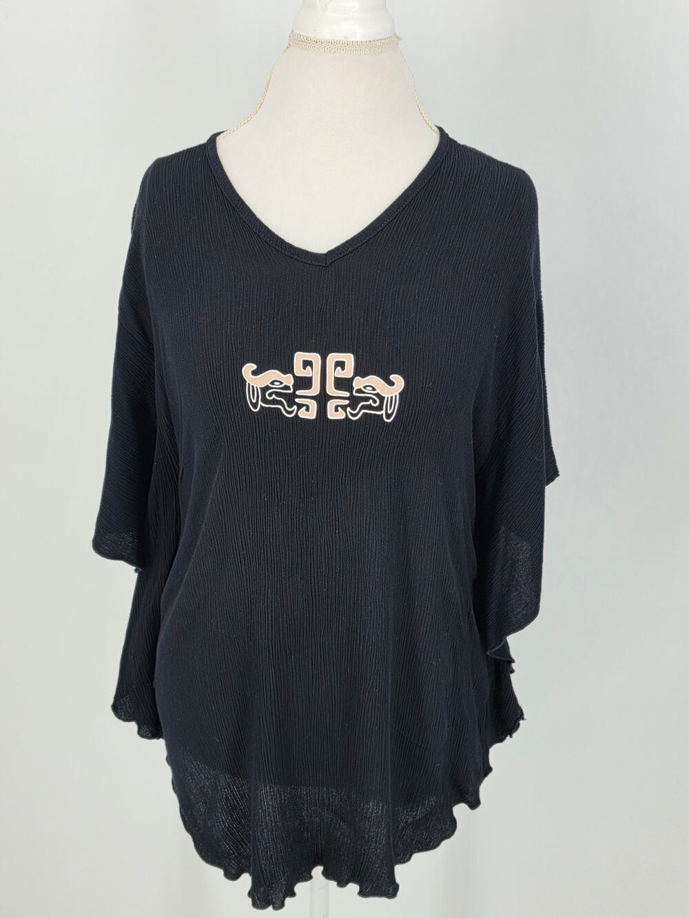 Zanab Aztec Poncho Top Embroidered V Neck Lettuce Hem Gauze Cape Blouse OS